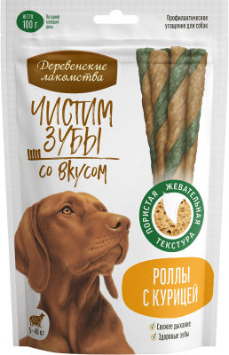 Деревенские Лакомства для собак, "чистим зубы" роллы с курицей, 100г